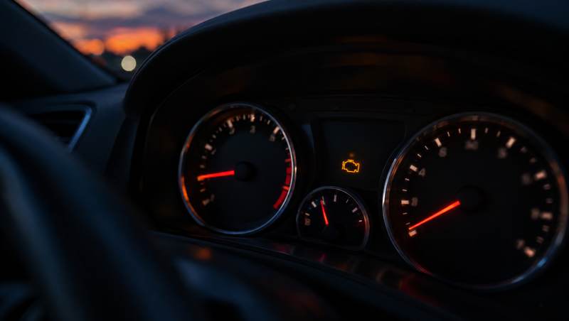 Car instrument cluster at dusk with the amber engine warning light on