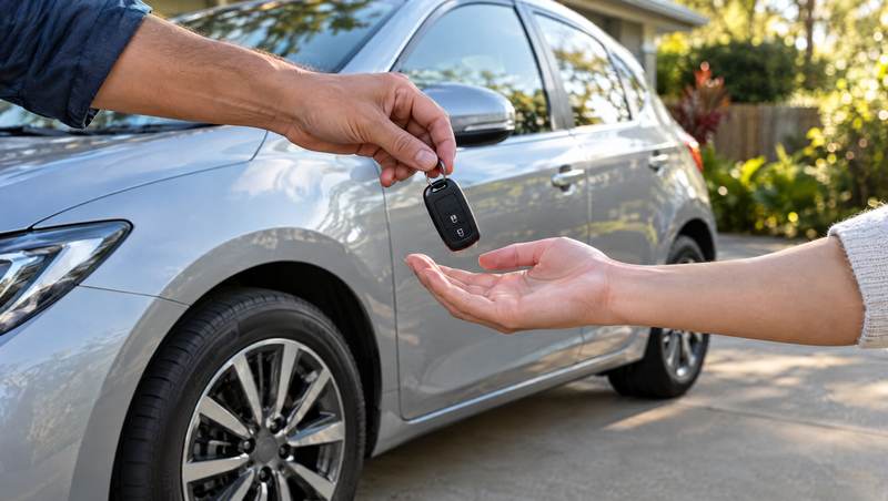 Car key being handed from one person to another beside a silver hatchback in a driveway