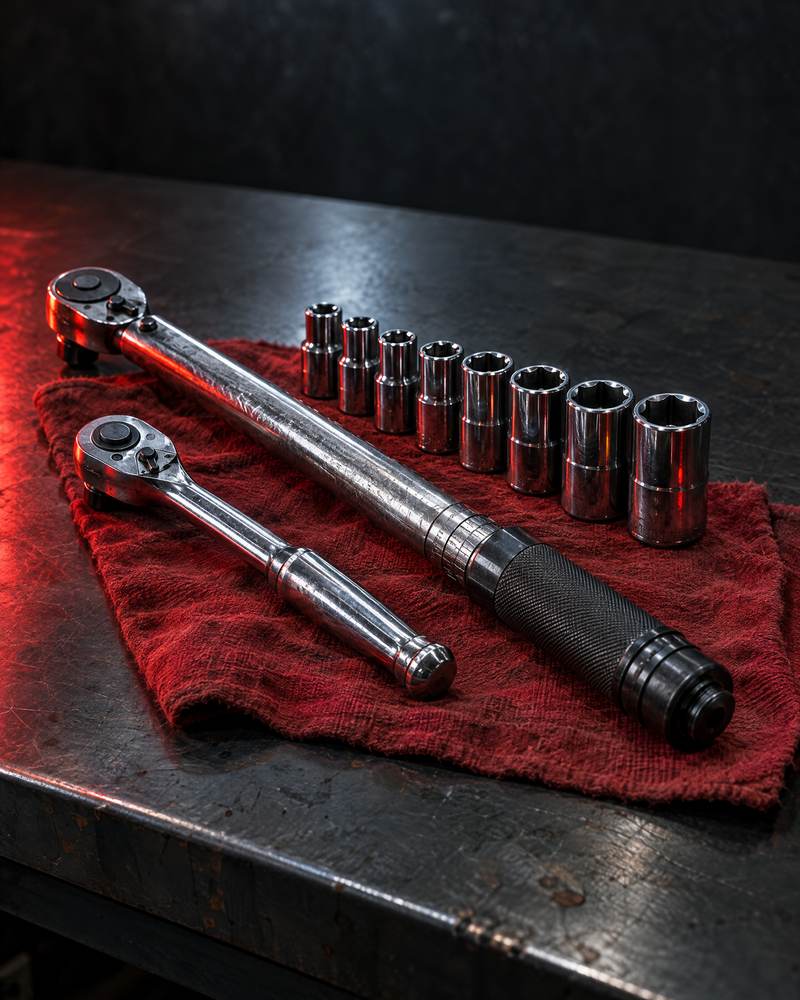 Torque wrench, ratchet and sockets laid out on a red shop rag