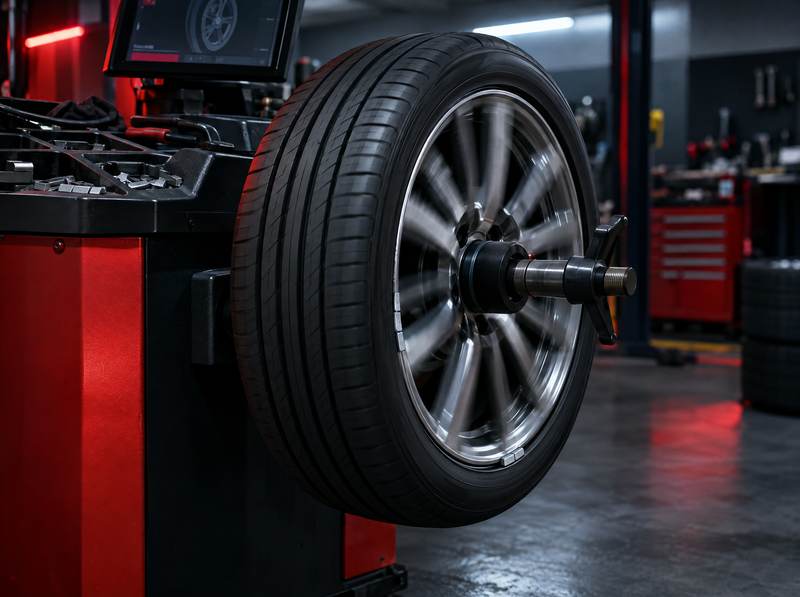 Car wheel and tyre mounted on a wheel balancing machine